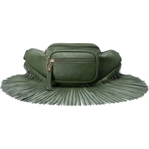 ? Women Green Fringe Multi Zipper Pockets Trendy Style 